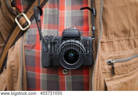 Traveler With His Black Camera In Detail.