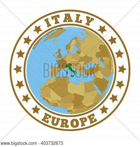 Italy Logo. Round Badge Of Country With Map Of Italy In World Context. Country Sticker Stamp With Gl
