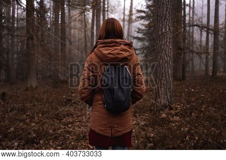 Girl With Backpack From Behind In The Woods Looking To The Woods