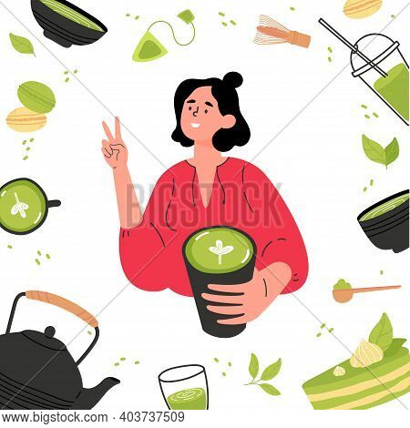 Green Matcha Tea Serve And Drink By A Young Woman. Matcha Latte Healthy Drink.various Tea Products M
