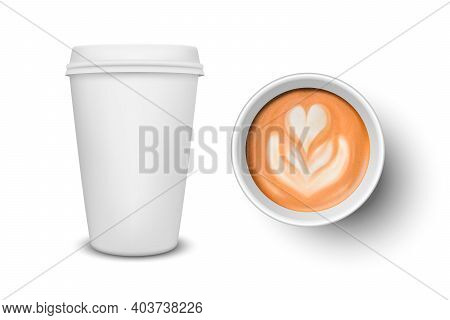 Vector 3d Realistic Paper White Disposable Cup Set Isolated With Milk Coffee, Foam, Flower, Heart. I