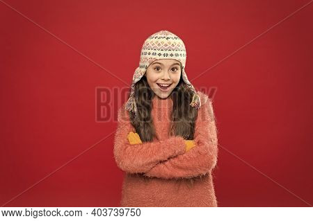 Funny And Cheerful Kid. Holiday Activity Outdoor. Kid Fashion. Warm Knitting Tips. Small Child Ready