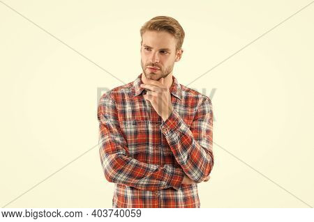 Unshaven And Unspoiled. Unshaven Guy Isolated On White. Handsome Man With Unshaven Face. Bachelor In