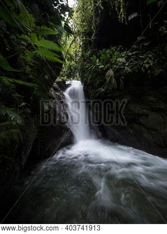 Panorama View Of Cascada Colibries Waterfall In Tropical Rain Cloud Forest Mindo Valley Jungle Nambi