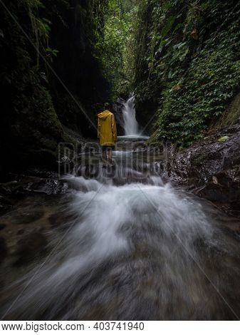 Panorama View Of Cascada Colibries Waterfall In Tropical Rain Cloud Forest Mindo Valley Jungle Nambi