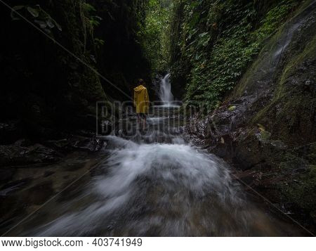 Panorama View Of Cascada Colibries Waterfall In Tropical Rain Cloud Forest Mindo Valley Jungle Nambi