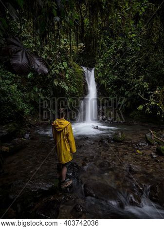 Panorama View Of Cascada Azul Blue Waterfall In Tropical Rain Cloud Forest Mindo Valley Jungle Nambi