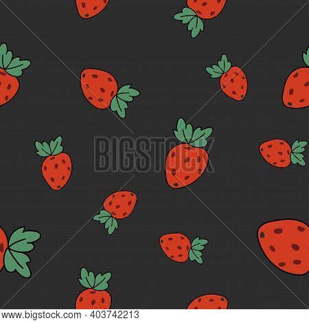Vector Seamless Pattern With Straberrys In Retro Style. Hand Drawn Texture In Doodle Style.