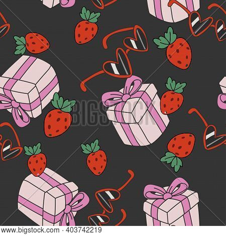 Vector Seamless Pattern With Straberrys, Gifts And Heart Glasses In Retro Style. Hand Drawn Texture 