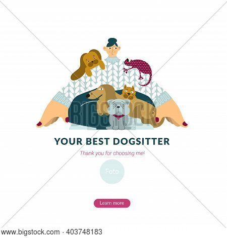 A Dogsitter Girl Is Sitting And There Are Three Dogs, One Cat And One Lizard On Her