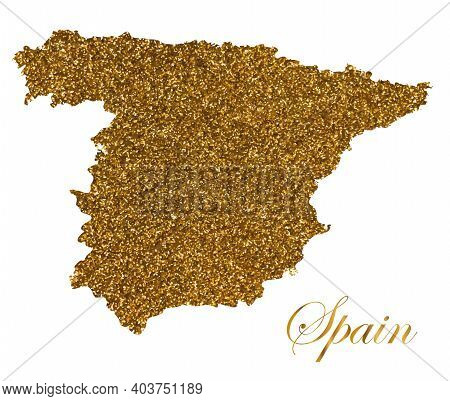 Map Of Spain. Silhouette With Golden Glitter Texture