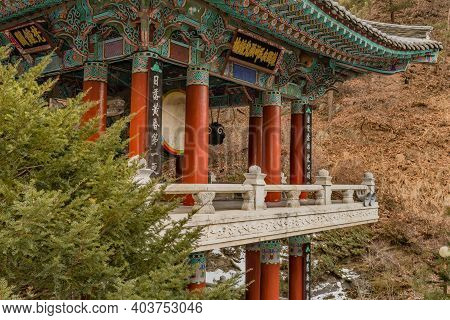 Danyang-gun, South Korea; Jan. 13, 2021: Side View Of Drum Pavilion Located At Guinsa Temple On Cold