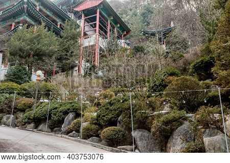 Low Angle View Of Buildings At Korean Buddhist Temple