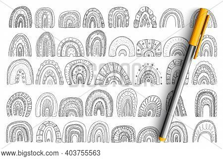 Arches And Rainbows Shapes Doodle Set. Collection Of Hand Drawn Arches Shapes Of Different Layers Si