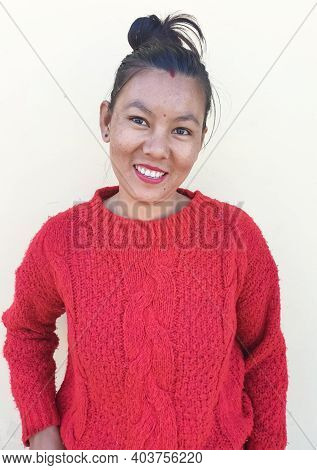 Portrait Of A Asian Young Girl With Beautiful Smile Posing On Camera, Selective Focus Of A Girl With