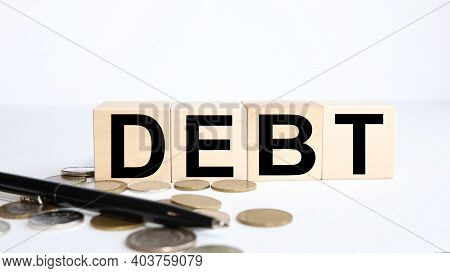 Wooden Cubes With The Word Debt On A White Background. Plant In The Pot