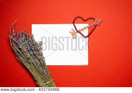 Valentines Day Congratulation. Red Rose And Greeting Card With Heart Sign On Black Background Top Vi