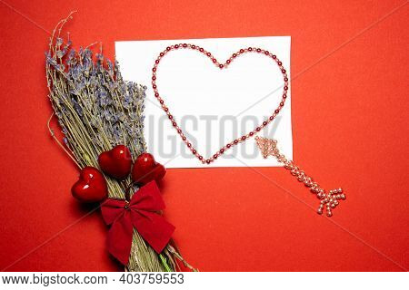Valentines Day Congratulation. Red Rose And Greeting Card With Heart Sign On Black Background Top Vi