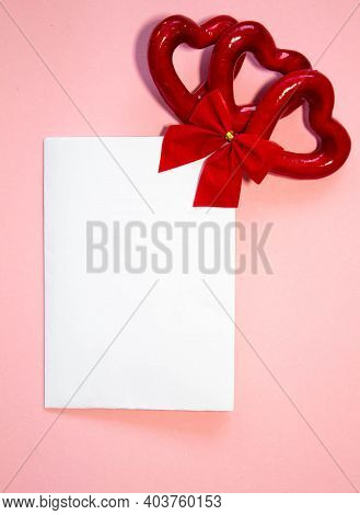 Valentines Day Congratulation. Red Rose And Greeting Card With Heart Sign On Black Background Top Vi