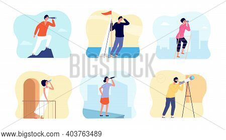Look Into Future. Taking Challenge, Woman Man Achievements. Next Step Or Goal Vision. People On Stai
