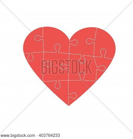 Red Puzzled Heart Isolated On White Background. Symbol Of Lovelorn And Building Love. Flat Art Vecto
