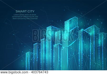 Technology City Background. Building Shapes, Smart Digital Tech Cityscape. Flow Lines Points Network