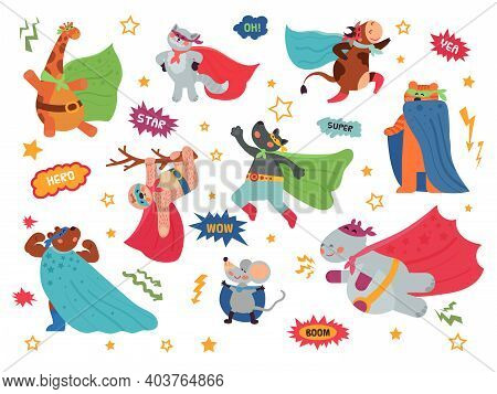 Animal Superhero. Cartoon Child Animals, Hero Costume On Cat Giraffe. Brave Wild Bear Wolf, Wild Cha