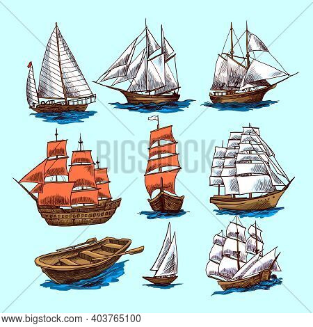 Sailing Tall Ships Yachts And Boat Colored Sketch Decorative Elements Isolated Vector Illustration