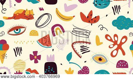 Modern Decorative Pattern. Cute Cat, Fruits And Contemporary Abstract Elements Background. Trendy Co
