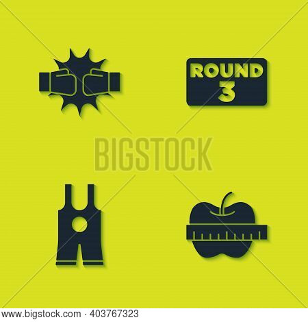 Set Punch In Boxing Gloves, Apple And Measuring Tape, Wrestling Singlet And Boxing Board Icon. Vecto