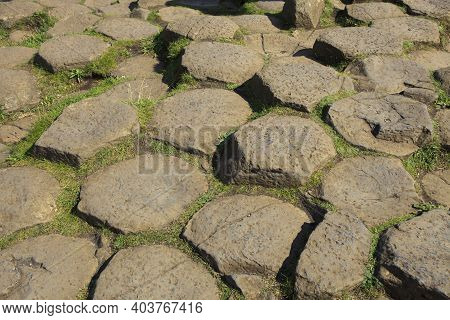 Ulster (ireland), - July 20, 2016: Polygonal Basalt Lava Rock Columns Of The Giant's Causeway On The