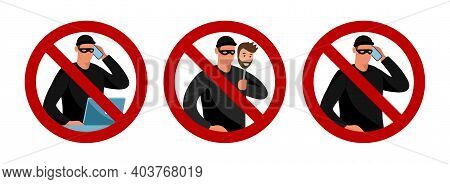 Scammers And Prohibition Sign. Conceptual Flat Vector Illustration. Cybercrime Warning, Fishing, Pho