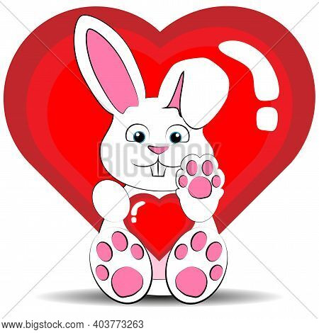 White Hare With A Valentine. A Rabbit With A Heart Is Sitting.