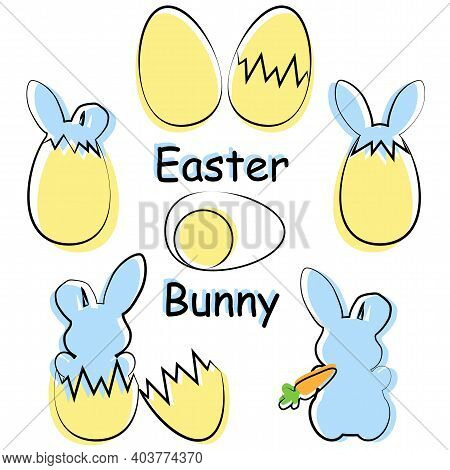 Blue Easter Bunny In The Silhouette Of A Yellow Egg.