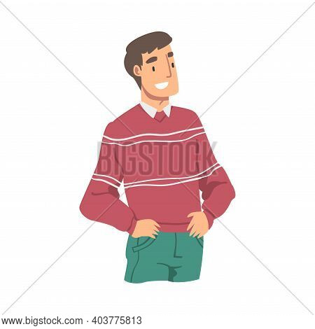 Smiling Man Wearing Casual Clothes Standing With Hands In His Pockets Flat Style Vector Illustration