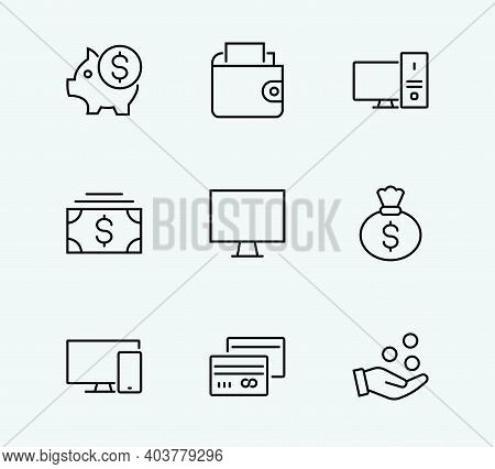 Set Of Icons Of Cash And Payment Systems. Thin Icons Vector Cash, Transfers Of Dollars Isolated On B