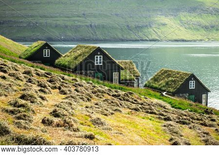 Picturesque view of tradicional faroese grass-covered houses in the village Bour during autumn. Vagar island, Faroe Islands, Denmark.