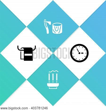 Set Towel On A Hanger, Incense Sticks, Wooden Axe In Stump And Sauna Clock Icon. Vector