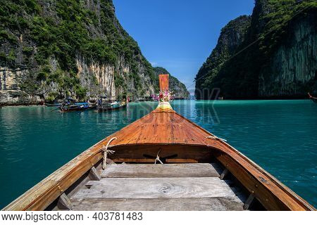 The Scenery Of The Head Boat Of The Long-tail Boat In Phi Phi Island, Krabi, Thailand.