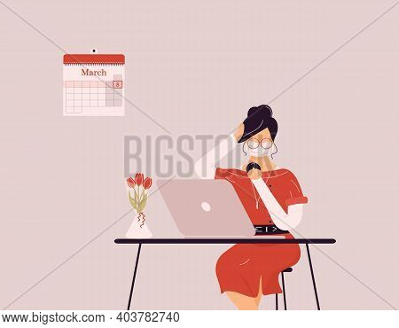 March 8 International Women`s Day.cute Brunette Woman In Protective Medical Mask Preening Work On La