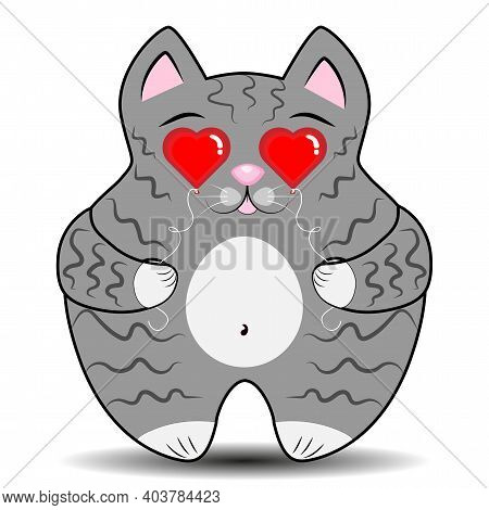 Gray Cat With Heart-shaped Balloons. A Loving And Cheerful Kitten.