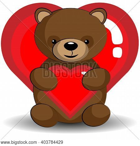 Brown Bear With A Valentine In His Paws. Heart For Valentine's Day.