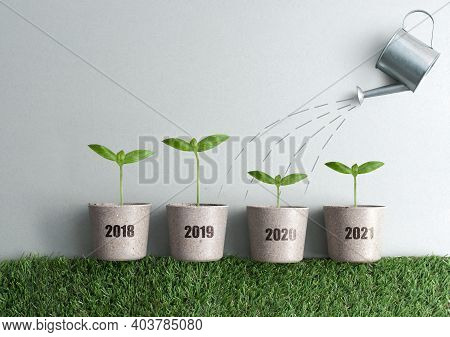Year By Year Business Growth Comparison Concept From 2018 To 2021, New Seedlings In Plant Pots, Fina