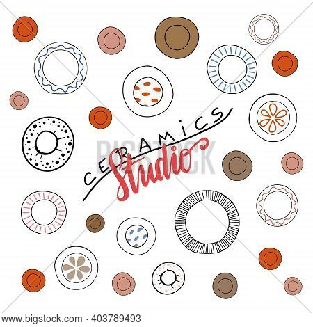 Nice Lettering Ceramics Studio With A Lot Of Handmade Plates. Simple Vector Logo Layouts For Art, Po