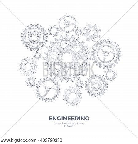 Abstract Vector 3d Gears Isolated In White Background. Cogs And Gear Wheel Mechanisms Wireframe. Eng