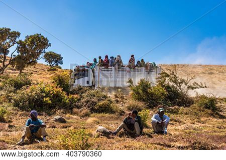 Simien Mountains, Ethiopia - Feb 07, 2020: Ethiopian People At Simien Mountains National Park In Eth