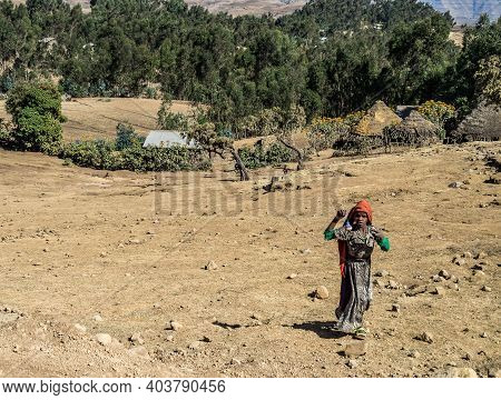 Simien Mountains, Ethiopia - Feb 07, 2020: Ethiopian People At Simien Mountains National Park In Eth