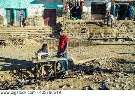 Simien Mountains, Ethiopia - Feb 08, 2020: Ethiopian People At Simien Mountains National Park In Eth