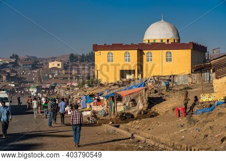 Simien Mountains, Ethiopia - Feb 08, 2020: Ethiopian People At Simien Mountains National Park In Eth