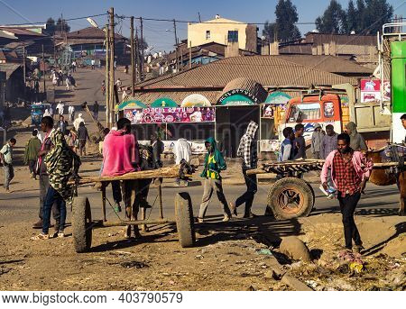Simien Mountains, Ethiopia - Feb 08, 2020: Ethiopian People At Simien Mountains National Park In Eth